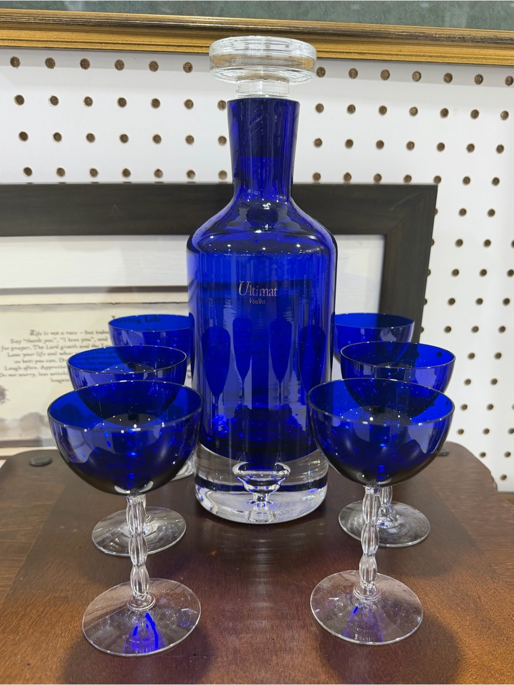 Vintage Cobalt Blue Ultimat Vodka Decanter Controlled Bubble W/ 6 Glasses New